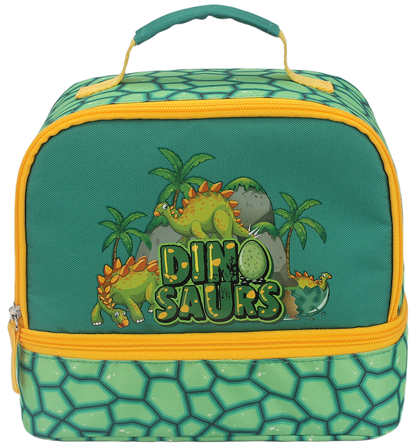 Front view of green dinosaur print double compartment insulated lunch bag for kids, thermal school lunch tote with top carry handle and zipper closure