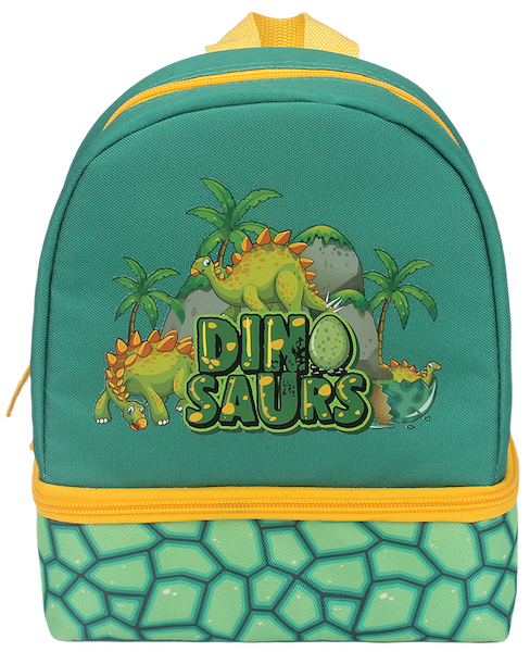 Front view of green dinosaur print double compartment insulated lunch bag backpack for kids, thermal school lunch bag with shoulder straps