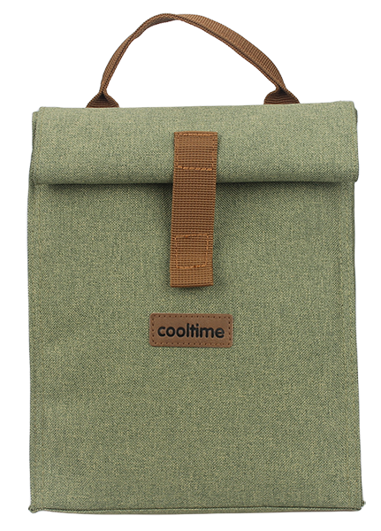  roll top insulated lunch bag with tan webbing closure strap and top carry handle, cooltime leather label, foldable thermal food tote for work picnic travel