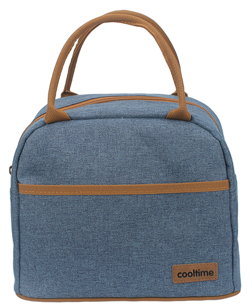 Handheld insulated lunch cooler bag with brown trim stitching, top carry handle, front decorative webbing strip, cooltime leather logo label, portable thermal food tote for office picnic travel
