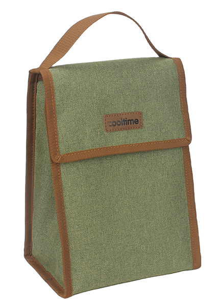 flip top insulated lunch bag with brown binding trim, single top hand strap, cooltime leather label, lightweight thermal food carrier for office picnic travel