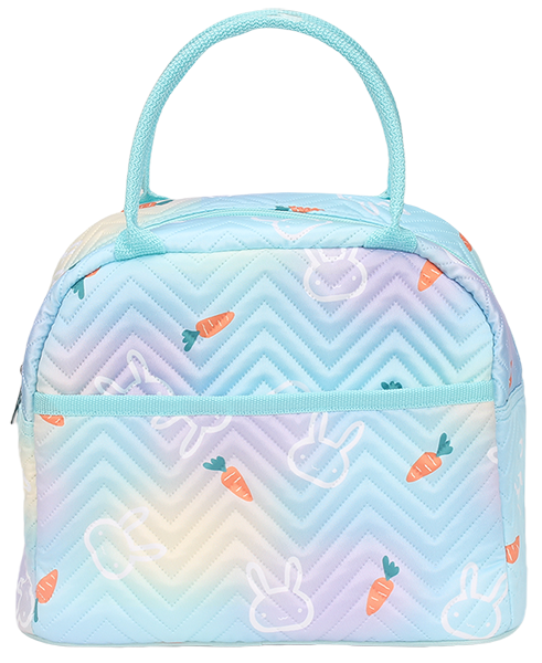 Gradient wavy quilted kids insulated lunch bag with bunny and carrot print, light blue hand carry handle, front slip pocket, portable thermal bag for school picnic
