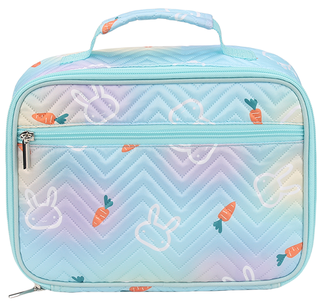 Cartoon bunny carrot printed kids insulated lunch cooler bag, gradient chevron quilting, front zipper pocket, reinforced top handle, portable thermal food storage bag for school daily use