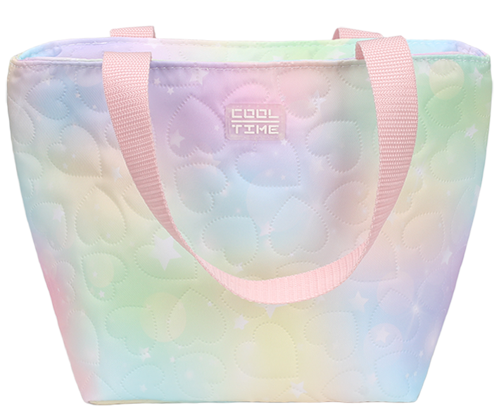 Pastel gradient heart star quilted insulated lunch tote bag with pink woven shoulder handles custom label