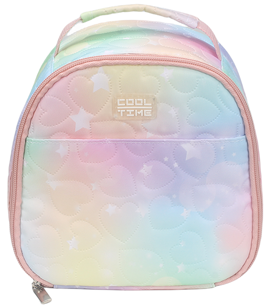 Pastel gradient heart star quilted insulated lunch bag with front zipper pocket, pink zipper trim and top handle, custom label cool time thermal cooler bag for kids girls