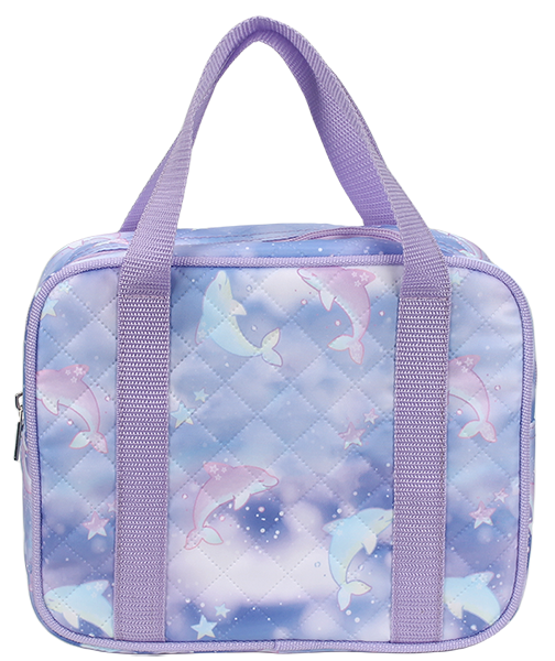 Purple gradient galaxy dolphin star diamond quilted insulated lunch tote bag, wide purple woven top handles, kids portable thermal cooler lunch bag custom logo