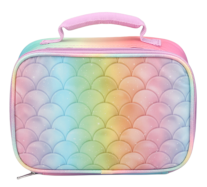 astel gradient glitter mermaid fish scale quilted rectangular insulated lunch bag, pink woven top handle, cute girls portable thermal cooler handbag custom printed pattern