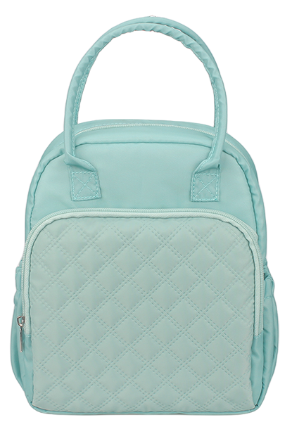 Spliced diamond stitched insulated cooler lunch bag with side water bottle pockets