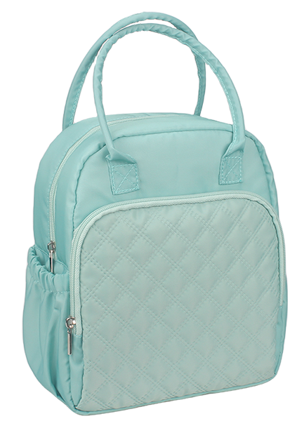 Spliced diamond stitched insulated cooler lunch bag with side water bottle pockets