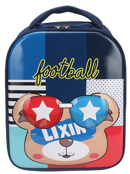 Color block cartoon cool bear lunch bag, bear wearing red blue star sunglasses glossy front panel, navy padded fabric top handle, square waterproof insulated cooler handbag for boys daily school outdoor picnic, custom cartoon full print service