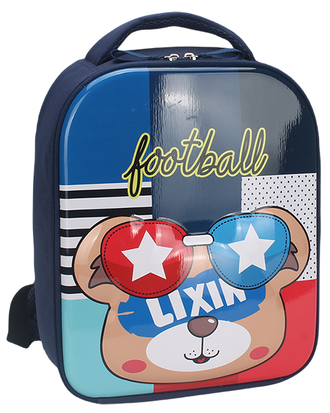 Color block cartoon cool bear lunch bag, bear wearing red blue star sunglasses glossy front panel, navy padded fabric top handle, square waterproof insulated cooler handbag for boys daily school outdoor picnic, custom cartoon full print service