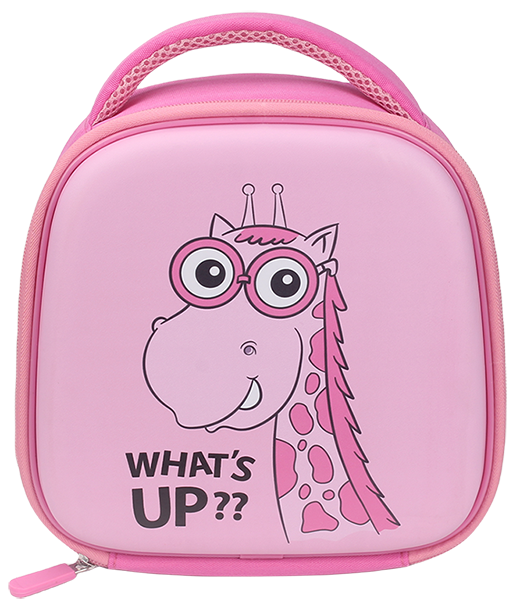 glossy dome insulated lunch bag, hard smooth printed front panel, padded fabric top handle, cartoon space exploring astronaut for boys & cute pink glasses giraffe for girls, kids waterproof portable thermal cooler handbag with custom cartoon print service