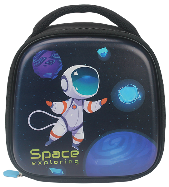 glossy dome insulated lunch bag, hard smooth printed front panel, padded fabric top handle, cartoon space exploring astronaut for boys & cute pink glasses giraffe for girls, kids waterproof portable thermal cooler handbag with custom cartoon print service