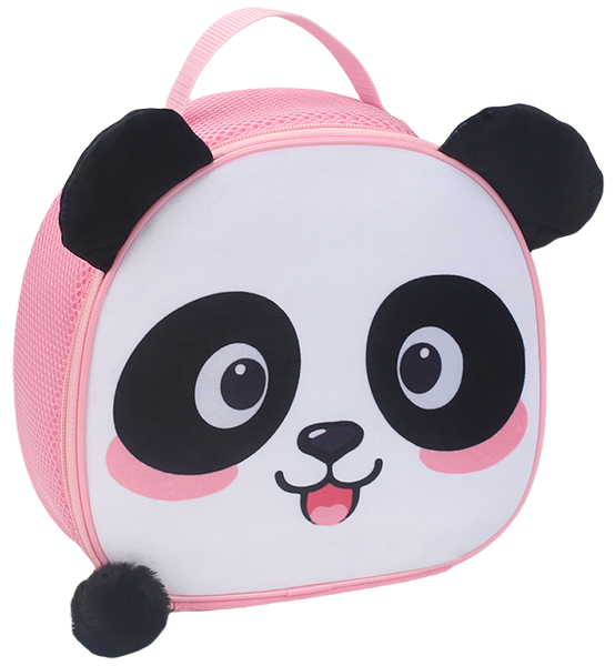 Cute cartoon panda dome insulated lunch bag, printed panda face front panel, 3D fluffy plush panda ear decoration, matching pink woven top handle, small fluffy pom-pom tail, two-tone pink binding edge, kids portable waterproof thermal cooler handbag with custom animal pattern support