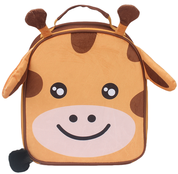 Cute cartoon giraffe dome insulated lunch bag, printed giraffe face front panel, 3D soft plush giraffe horns & ears decoration, brown fabric binding and top handle, fluffy pom-pom tail detail, kids waterproof portable thermal cooler handbag with custom animal pattern support