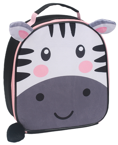 dome insulated lunch bag, 3D plush zebra ear decoration, two-tone spliced front panel with zebra stripe print, soft padded black fabric top handle, fluffy pom-pom tail detail, kids waterproof portable thermal cooler handbag with custom animal print service