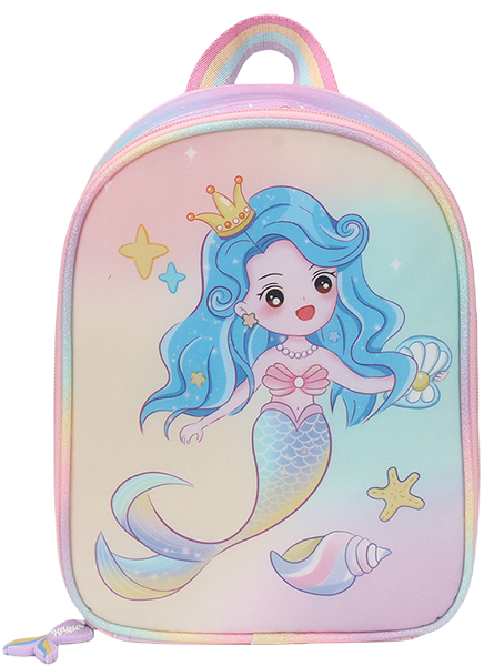 Pastel pink-cyan gradient mini backpack insulated lunch bag, cute cartoon crown mermaid & starfish seashell full print, rainbow gradient binding shoulder straps, small lightweight portable thermal cooler backpack for girls daily school picnic, custom full print pattern support