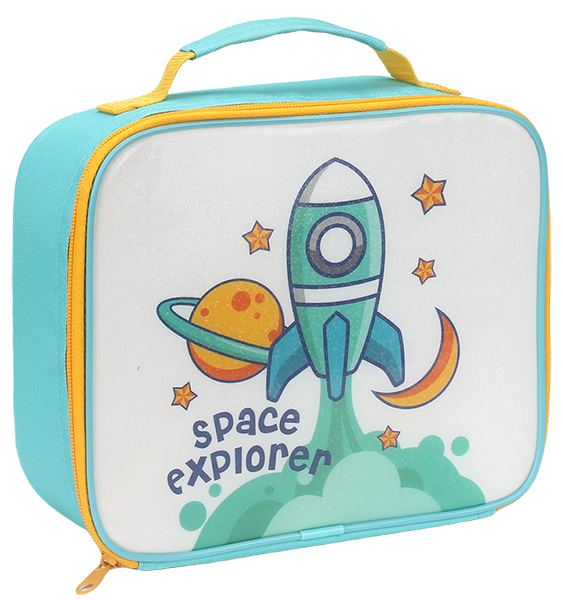 Cartoon space lunch bag, glossy white front panel printed with green rocket, ring planet, stars, crescent moon and 