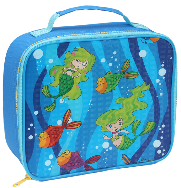 Cartoon underwater lunch bag, blue wave bubble background printed with green hair mermaid & colorful tropical fish, light blue fabric binding and soft padded top handle, square waterproof portable thermal cooler handbag for little girls school picnic, custom sea animal full print support