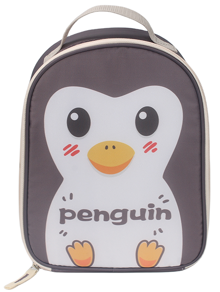 upright rounded edge insulated lunch bag, solid color base with cute cartoon animal full print + matching letter 