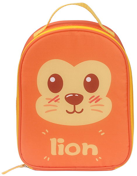 upright rounded edge insulated lunch bag, solid color base with cute cartoon animal full print + matching letter 