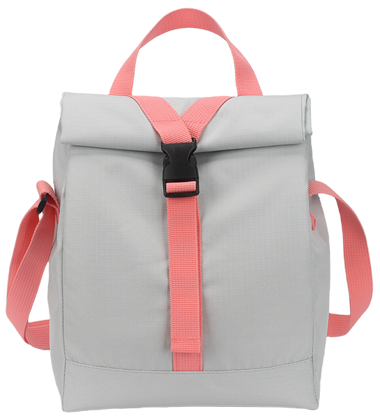 Minimalist roll-top insulated lunch bag, light gray main body matched with light cyan webbing strap and plastic snap buckle, roll-over flip closure design, dual-use top carry handle & adjustable crossbody shoulder strap, waterproof oxford portable thermal cooler tote for office workers, students, picnic travel, custom brand logo print support