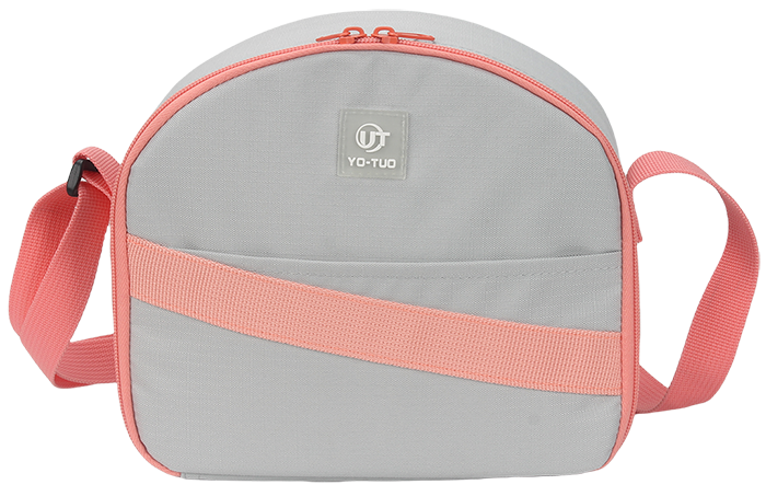 Half round crossbody insulated lunch bag, matte gray main body matched with light cyan binding & diagonal woven splicing strip, embossed YO-TUO logo patch on front, dual zipper closure, adjustable wide crossbody shoulder strap, waterproof portable thermal cooler shoulder bag for office school picnic travel, custom brand logo patch support