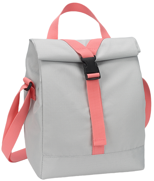 Minimalist roll-top insulated lunch bag, light gray main body matched with light cyan webbing strap and plastic snap buckle, roll-over flip closure design, dual-use top carry handle & adjustable crossbody shoulder strap, waterproof oxford portable thermal cooler tote for office workers, students, picnic travel, custom brand logo print support