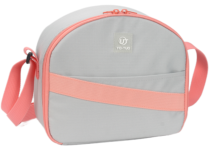Half round crossbody insulated lunch bag, matte gray main body matched with light cyan binding & diagonal woven splicing strip, embossed YO-TUO logo patch on front, dual zipper closure, adjustable wide crossbody shoulder strap, waterproof portable thermal cooler shoulder bag for office school picnic travel, custom brand logo patch support