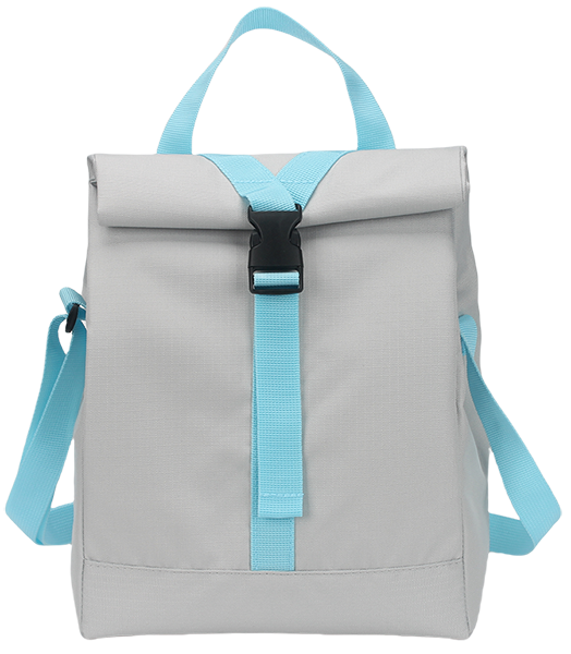 Minimalist roll-top insulated lunch bag, light gray main body matched with light cyan webbing strap and plastic snap buckle, roll-over flip closure design, dual-use top carry handle & adjustable crossbody shoulder strap, waterproof oxford portable thermal cooler tote for office workers, students, picnic travel, custom brand logo print support