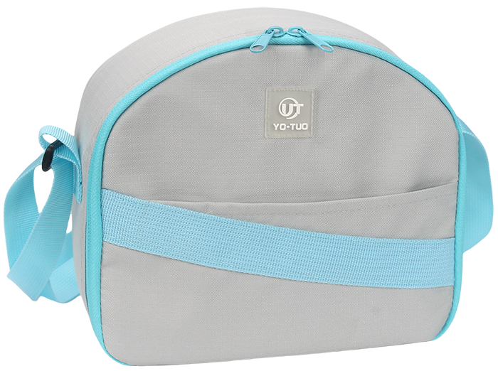 Half round crossbody insulated lunch bag, matte gray main body matched with light cyan binding & diagonal woven splicing strip, embossed YO-TUO logo patch on front, dual zipper closure, adjustable wide crossbody shoulder strap, waterproof portable thermal cooler shoulder bag for office school picnic travel, custom brand logo patch support