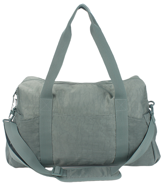 Lightweight water resistant wrinkled nylon duffel bag with wide hand straps and detachable adjustable crossbody strap, multi pocket overnight weekender gym travel bag bulk supply custom logo