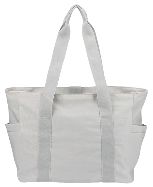 Lightweight water resistant wrinkled nylon large tote bag with wide woven shoulder straps and dual side pockets, portable work shopping shoulder handbag for daily travel bulk supply custom logo
