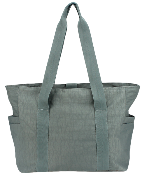 Lightweight water resistant wrinkled nylon large tote bag with wide woven shoulder straps and dual side pockets, portable work shopping shoulder handbag for daily travel bulk supply custom logo
