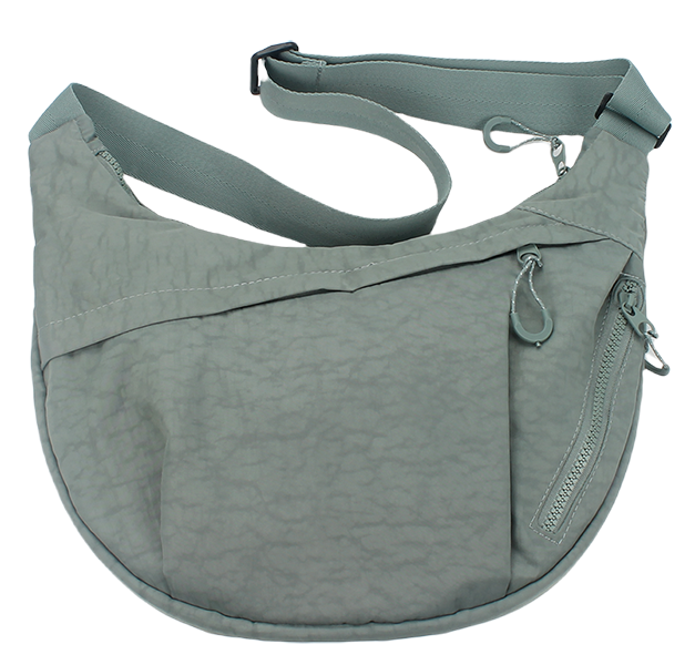 Lightweight water resistant wrinkled nylon crescent moon crossbody sling bag with multiple zipper pockets and adjustable wide shoulder strap, casual daily travel shoulder bag bulk supply custom logo