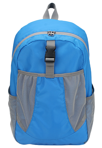 Lightweight water resistant foldable ripstop nylon travel backpack with front buckle closure and dual mesh side pockets, packable outdoor hiking school daypack bulk supply custom logo