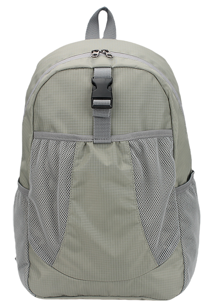 Lightweight water resistant foldable ripstop nylon travel backpack with front buckle closure and dual mesh side pockets, packable outdoor hiking school daypack bulk supply custom logo