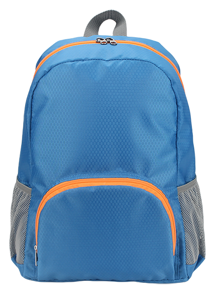Lightweight water resistant honeycomb hexagon ripstop nylon foldable backpack with front zipper compartment and dual gray mesh side pockets, packable kids school outdoor travel daypack bulk supply custom logo