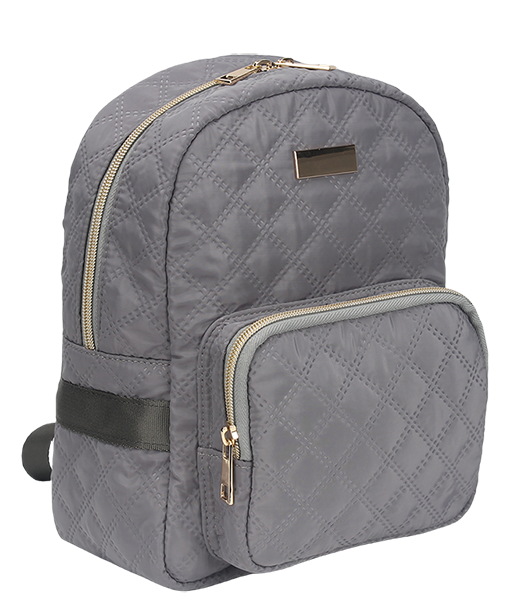 stitching small backpack, lightweight nylon bag with brown handle and gold zipper pull