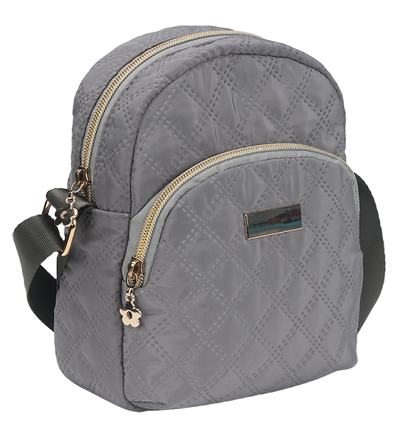 diamond quilted small backpack with gold zipper, brown shoulder straps, lightweight nylon daily bag