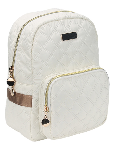iamond stitching small backpack, lightweight nylon bag with brown handle and gold zipper pull
