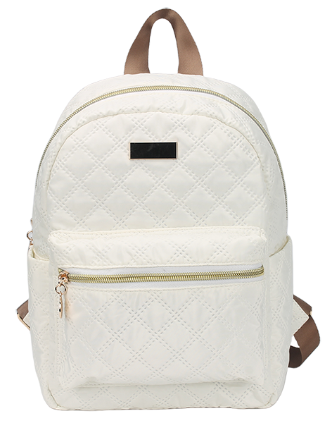 diamond quilted small backpack with gold zipper, brown shoulder straps, lightweight nylon daily bag