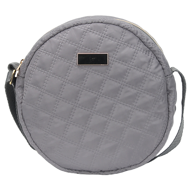 Diamond quilted round crossbody bag with adjustable beige strap, lightweight nylon mini circle shoulder purse for daily use