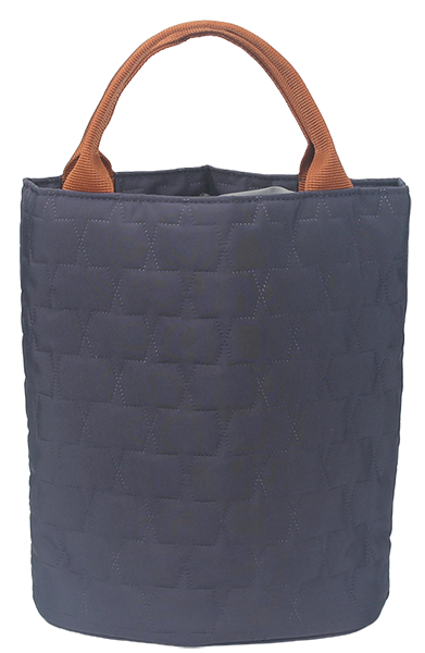 quilted padded nylon bucket tote bag with single contrast woven top handle, open top compact vertical bucket handbag for bulk wholesale supply
