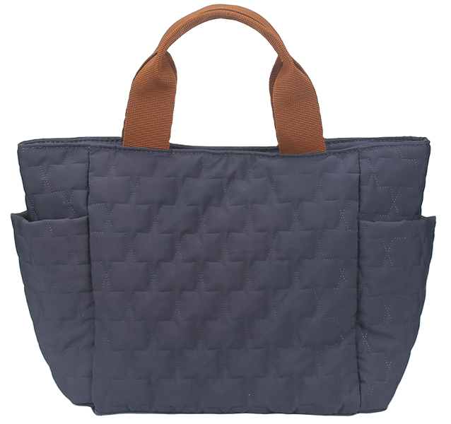 Star quilted padded nylon tote bag with contrast woven top handles, dual exterior side slip pockets, open top large capacity women daily shoulder bag for bulk supply