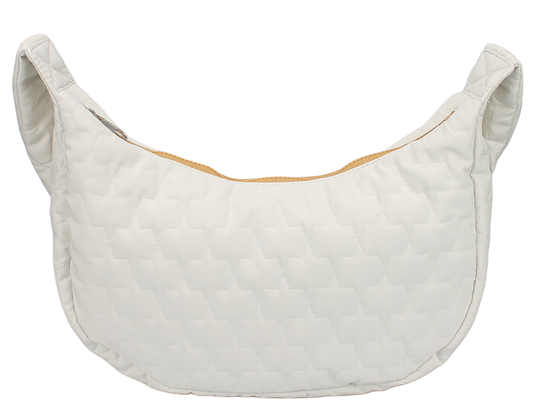 star quilted crescent crossbody bag, padded nylon fabric, foldable wide integrated shoulder strap, metal zipper closure women casual hobo purse
