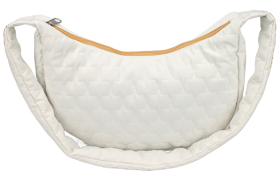 star quilted crescent crossbody bag, padded nylon fabric, foldable wide integrated shoulder strap, metal zipper closure women casual hobo purse
