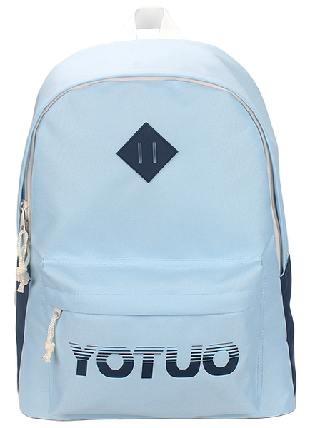 Color block nylon backpack with printed letter logo and diamond rubber patch, front zipper pocket with rope zipper pull, adjustable fabric top handle student daypack for bulk supply