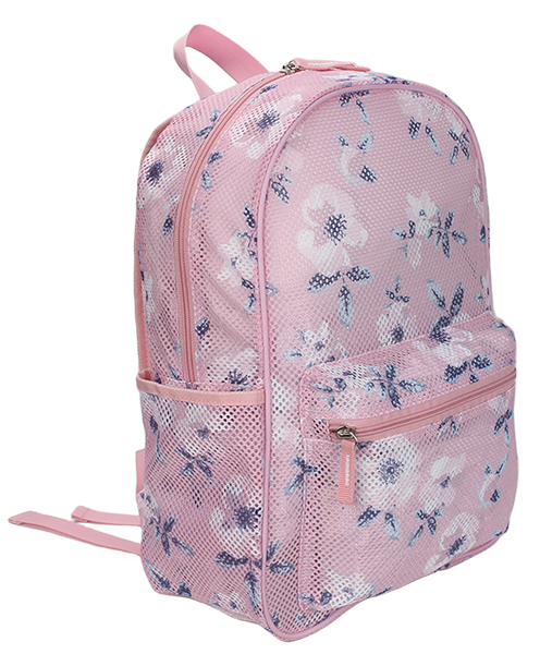 Side view of allover strawberry printed breathable mesh backpack, fabric top handle, independent front zipper pocket and dual side mesh slip pockets, lightweight student casual daypack for bulk supply