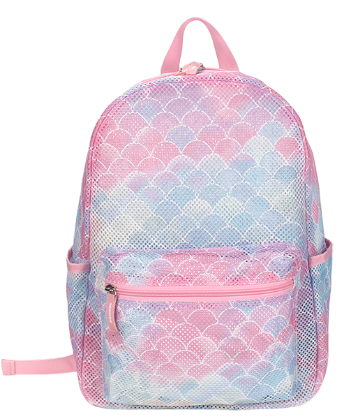 Side view of allover strawberry printed breathable mesh backpack, fabric top handle, independent front zipper pocket and dual side mesh slip pockets, lightweight student casual daypack for bulk supply